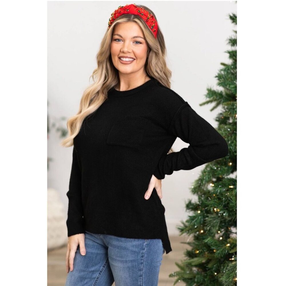 NEW Zenana High Low Sweater With Pocket Detail Black Size L XL [jb] - Picture 4 of 8